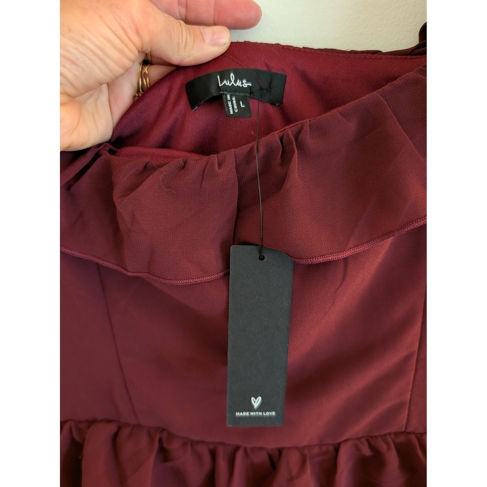 Lulus Compelling Romantic Burgundy Ruffled Tiered Maxi Dress Gown Size L NWT - Picture 6 of 9